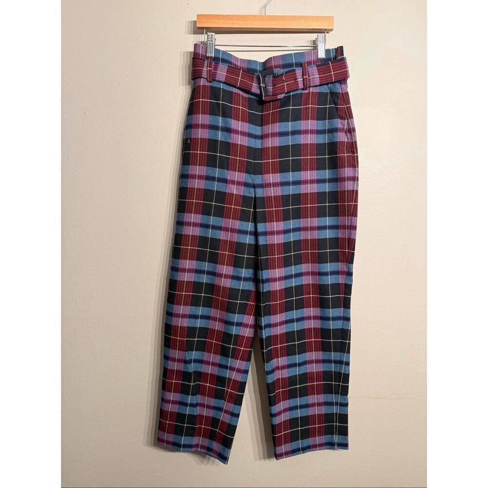 Zara Black Maroon High-Rise Belted Plaid Ankle Grazer Crop Trousers Pants Medium